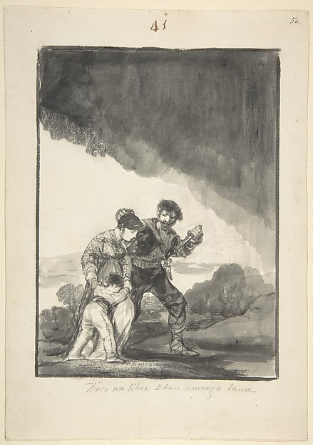 God save us from such a bitter fate; a bandit threatening a woman and a child with a knife, page 41 from the "Black Border Album" (E) by Goya (Francisco de Goya y Lucientes)