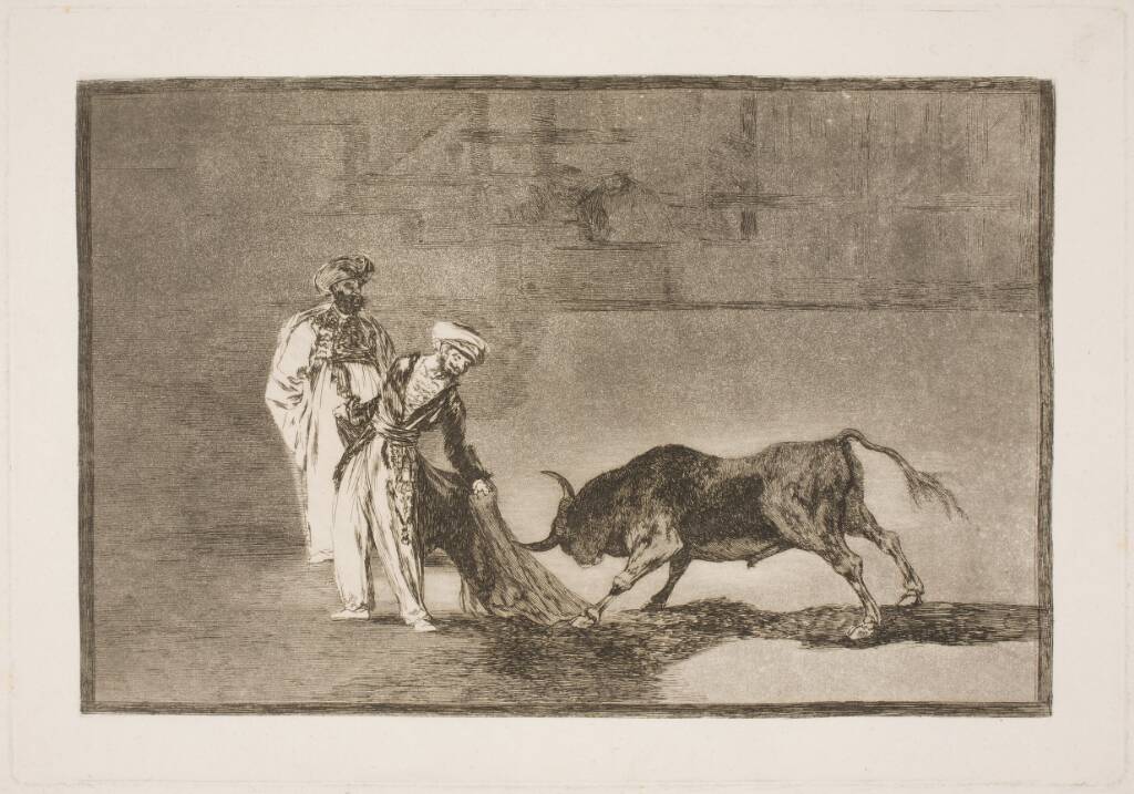Maurerne i arenaen gør sig umage for at tiltrække sig tyren ved hjælp af deres burnus by Francisco de Goya