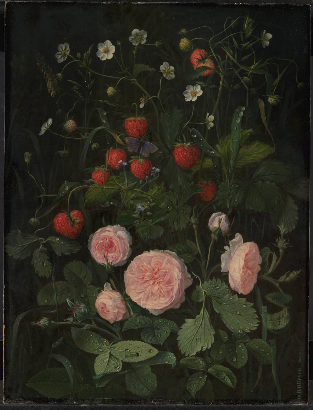 Blomsterstykke med roser og jordbær by O.D. Ottesen